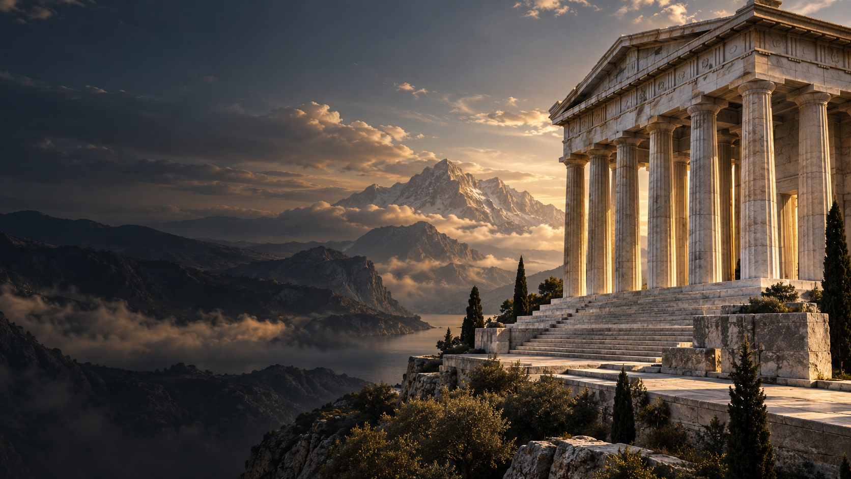 Imagem conceitual de templo grego com colunas e montanhas, inspirada no Monte Olimpo
